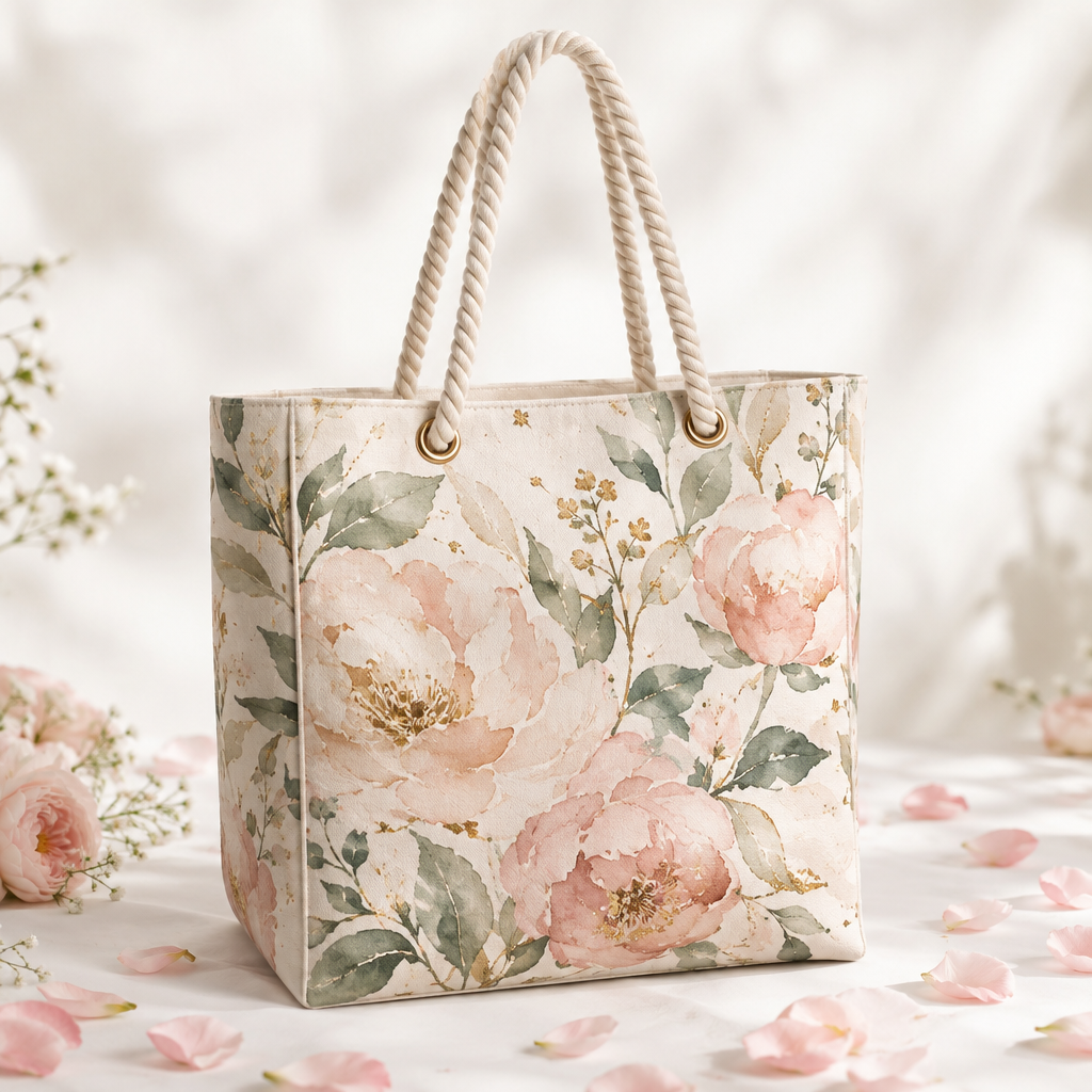 The Love Tote – watercolor floral canvas bag in blush, sage and gold